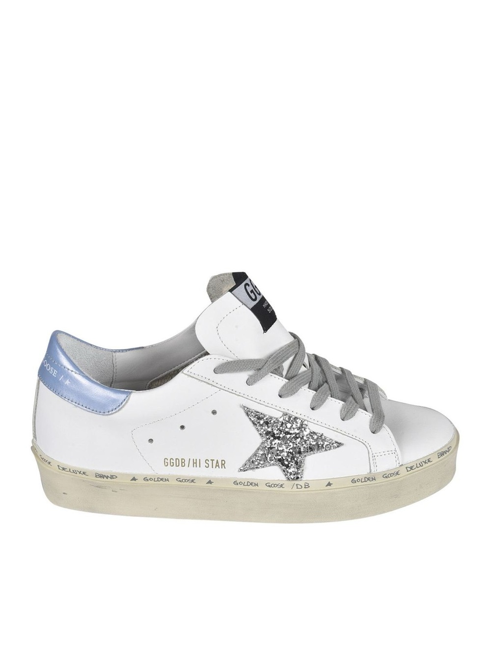 Golden Goose White Blue Distressed Glitter Hi Stars